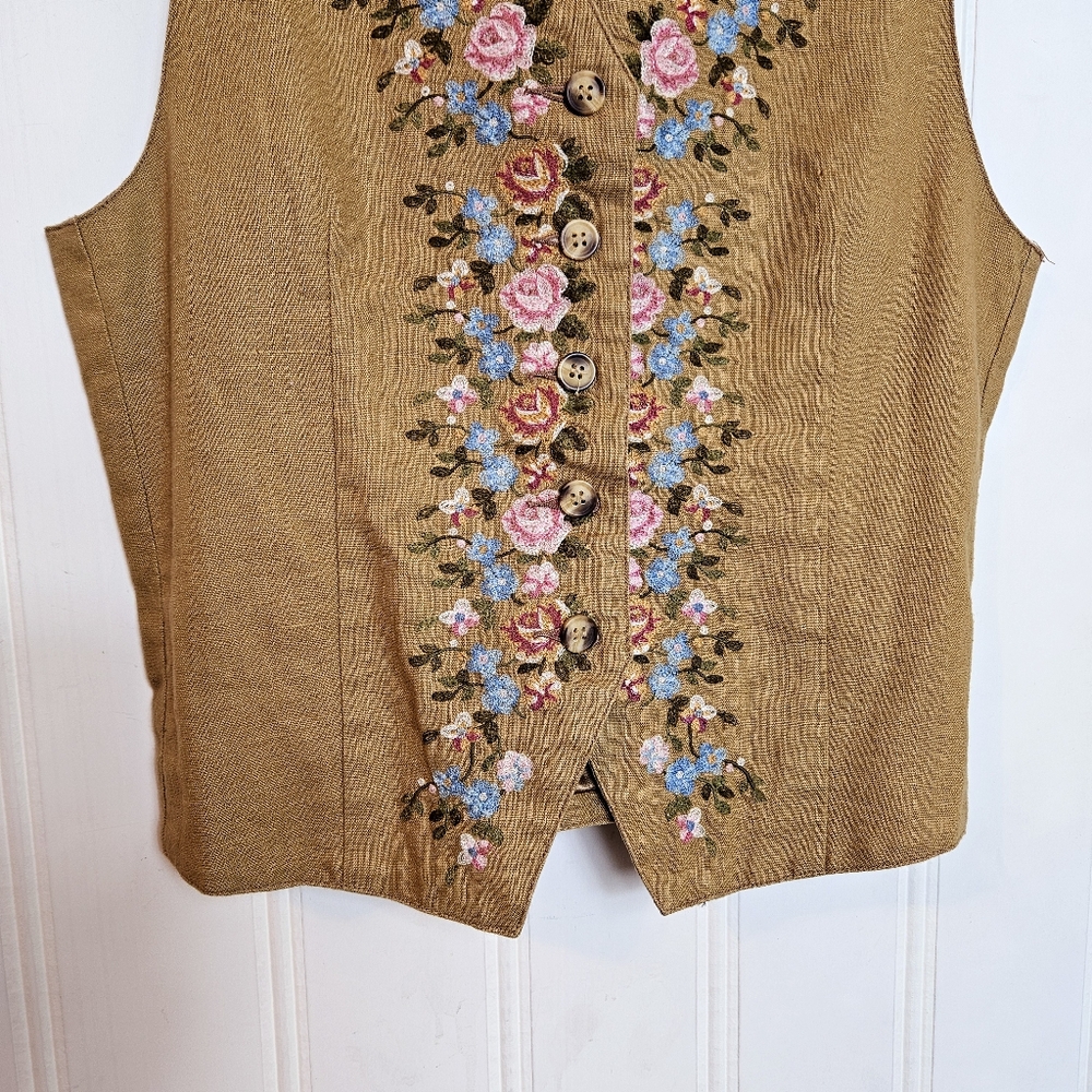 Cambridge Dry Goods Vest Women's Size S Tan Linen Blend Embroidered Floral - Picture 4 of 11